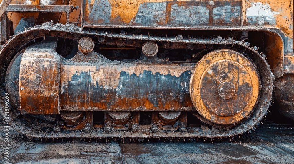 Close-up View of a Rusted Industrial Construction Machine Track. Detailed View of Heavy Duty Machinery. Powerful Engineering Design. Industrial Strength and Workmanship. Close-up View of a Rusted Industrial Construction Machine Track. Detailed View of Heavy Duty Machinery. Powerful Engineering Design. Industrial Strength and Workmanship.