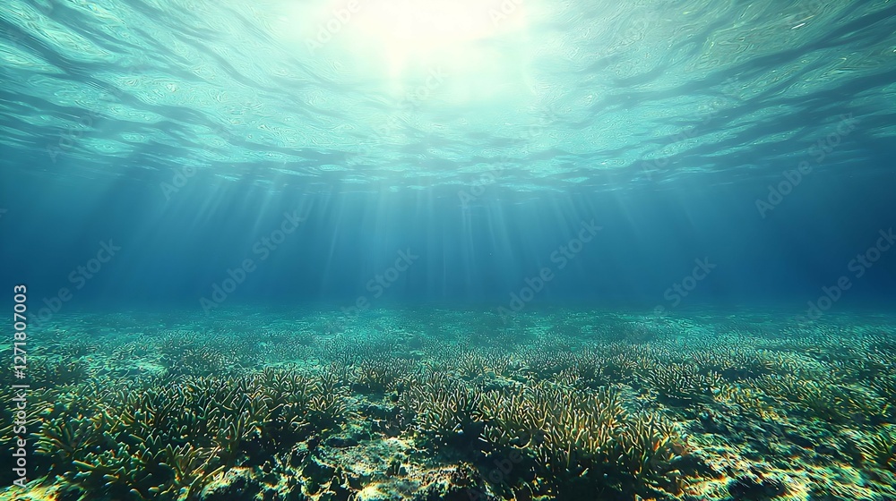 Fototapeta premium Sunlit Underwater Seascape: Blue Green Ocean Floor with Light Rays