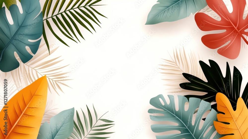 Fototapeta premium Colorful tropical leaves frame on white background