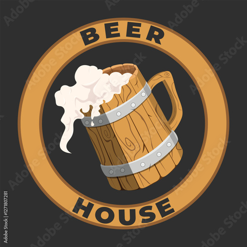 Vector logo for Beer House, brown decorative sign board with illustration of full beer glass with foam. Original vintage retro art badge ciecle logo design template