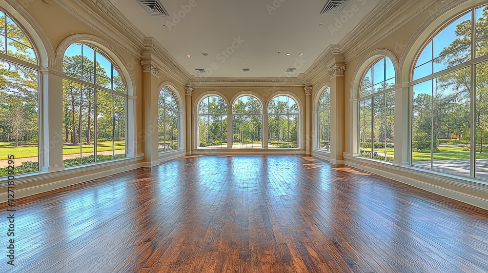 Fototapeta premium Sunlit mansion sunroom, hardwood floor, golf course view, event space
