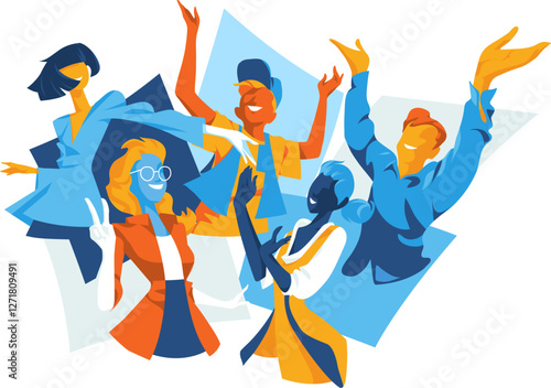 Male and female characters of happy cheering group of people