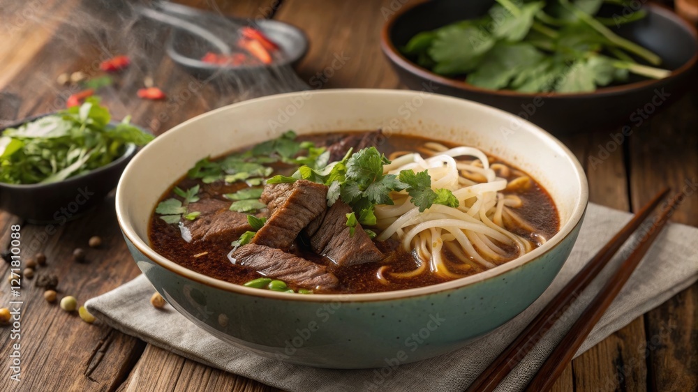 Savoring authentic boat noodles a rustic experience of rich dark broth and fresh herbs on a wooden table Savoring authentic boat noodles a rustic experience of rich dark broth and fresh herbs on a wooden table