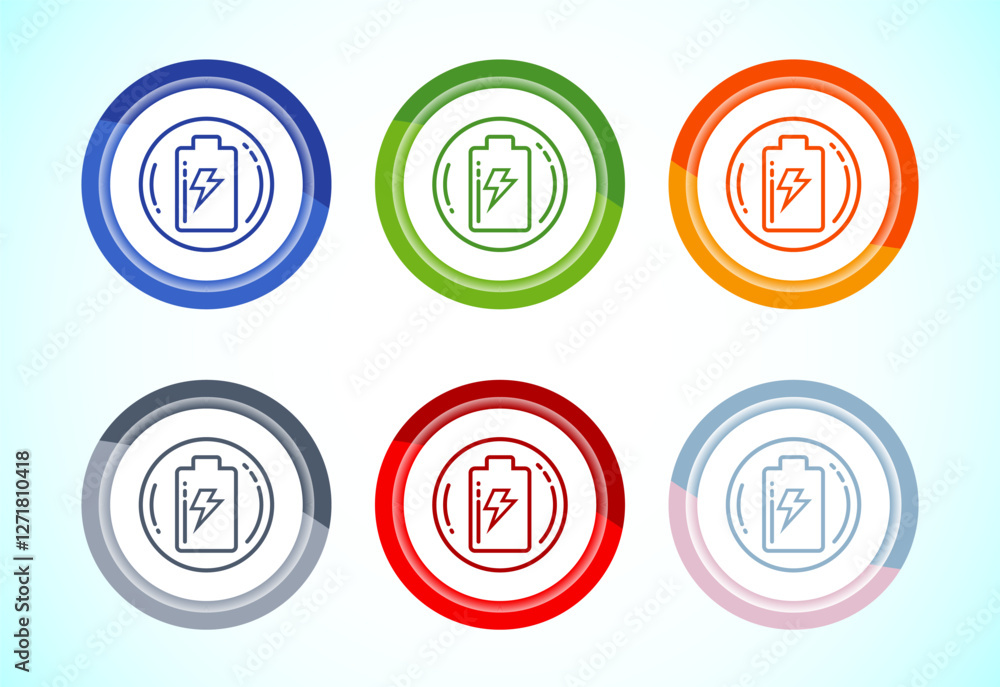 Battery icon design illustration, Battery charging sign and symbol, 6 color button design set Battery icon design illustration, Battery charging sign and symbol, 6 color button design set
