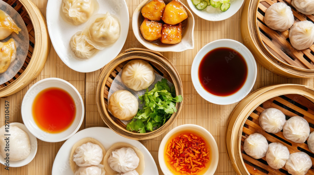 Traditional dim sum flat lay with assorted steamed dishes and dipping sauces Traditional dim sum flat lay with assorted steamed dishes and dipping sauces