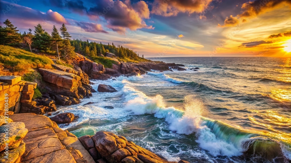 Naklejka premium Dramatic Nova Scotia Atlantic Coastline, Rocky Shore with Copy Space, Sunrise
