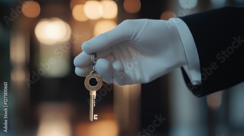 Gloved hand offers key; lobby, luxury