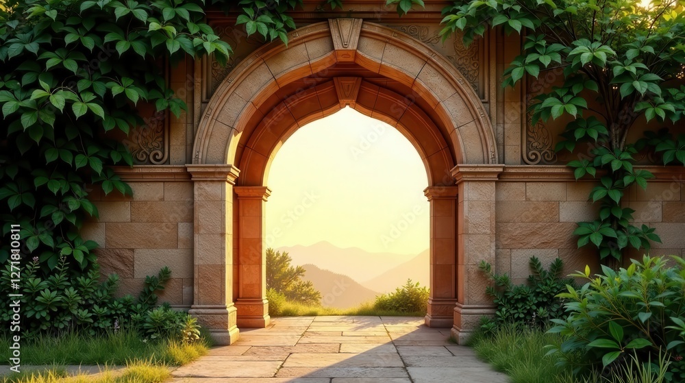 Fototapeta premium Serene Archway Opening to a Vista of Distant Mountains at Golden Hour
