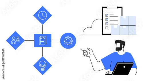 Connected icons of clock, teamwork, document, idea, gear next to man pointing at laptop. Ideal for project management, productivity, efficiency, brainstorming planning organization innovation