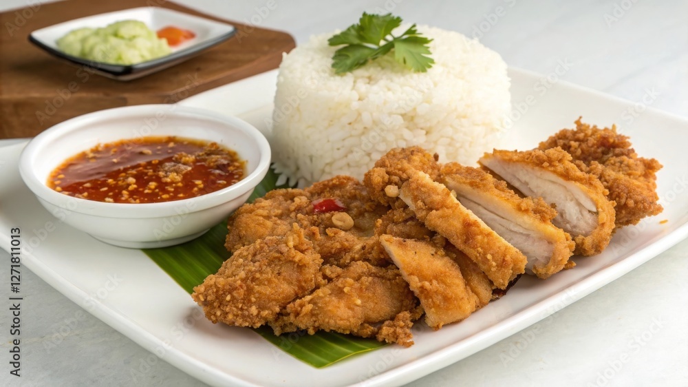 Savoring crispy thaistyle fried chicken gai tod with sticky rice and spicy dipping sauce in a thai restaurant environment Savoring crispy thaistyle fried chicken gai tod with sticky rice and spicy dipping sauce in a thai restaurant environment