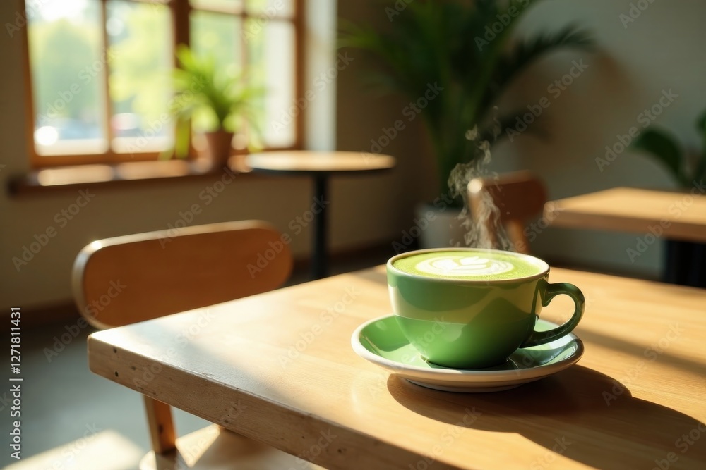 Aromatic Matcha Latte on Sunny Wooden Table in a Calm Cafe Setting Aromatic Matcha Latte on Sunny Wooden Table in a Calm Cafe Setting