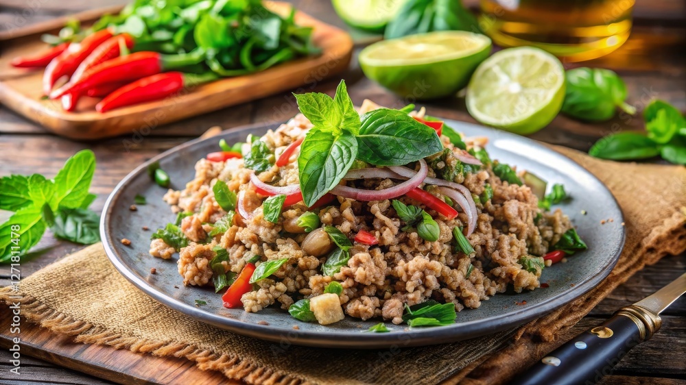 Savoring larb a spicy minced pork salad with toasted rice powder and fresh mint in a vibrant culinary setting Savoring larb a spicy minced pork salad with toasted rice powder and fresh mint in a vibrant culinary setting
