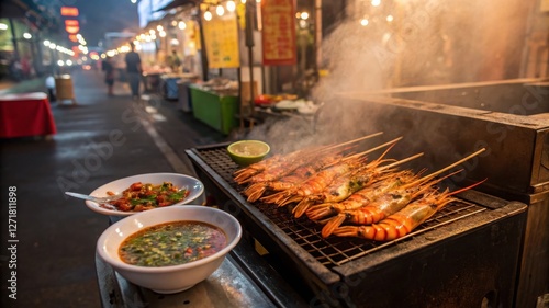 Sizzling grilled giant river prawns cart thailand food stall night market culinary delight photo