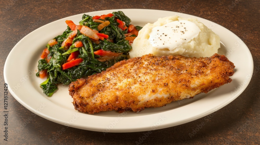 Crispy Fried Fish with Mashed Potatoes and Greens: A Flavorful Dinner Crispy Fried Fish with Mashed Potatoes and Greens: A Flavorful Dinner