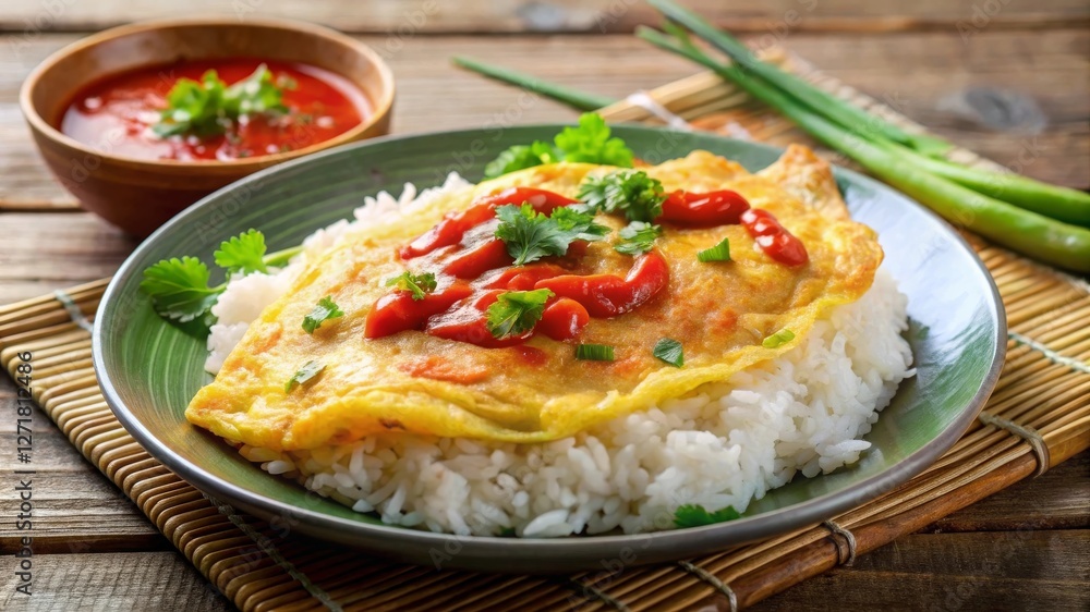 Savoring thai-style omelet (kai jeow) with crispy edges and chili sauce over jasmine rice in a cozy kitchen setting