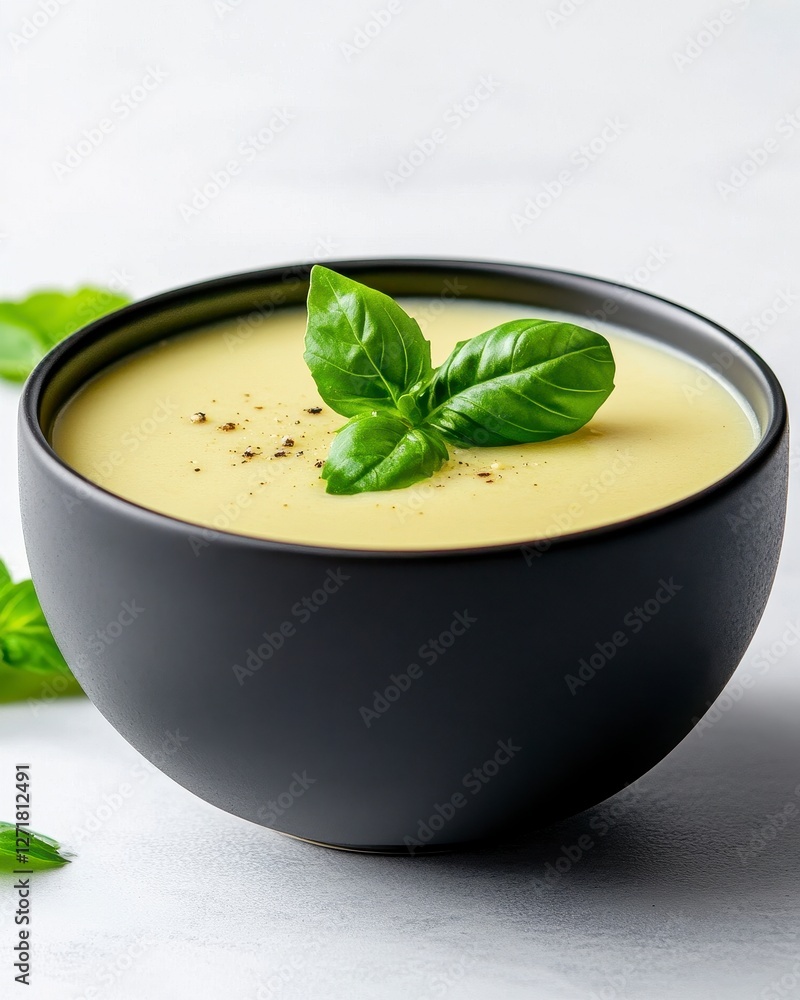 Creamy Vegetable Soup With Basil In A Bowl On A Neutral Background Creamy Vegetable Soup With Basil In A Bowl On A Neutral Background