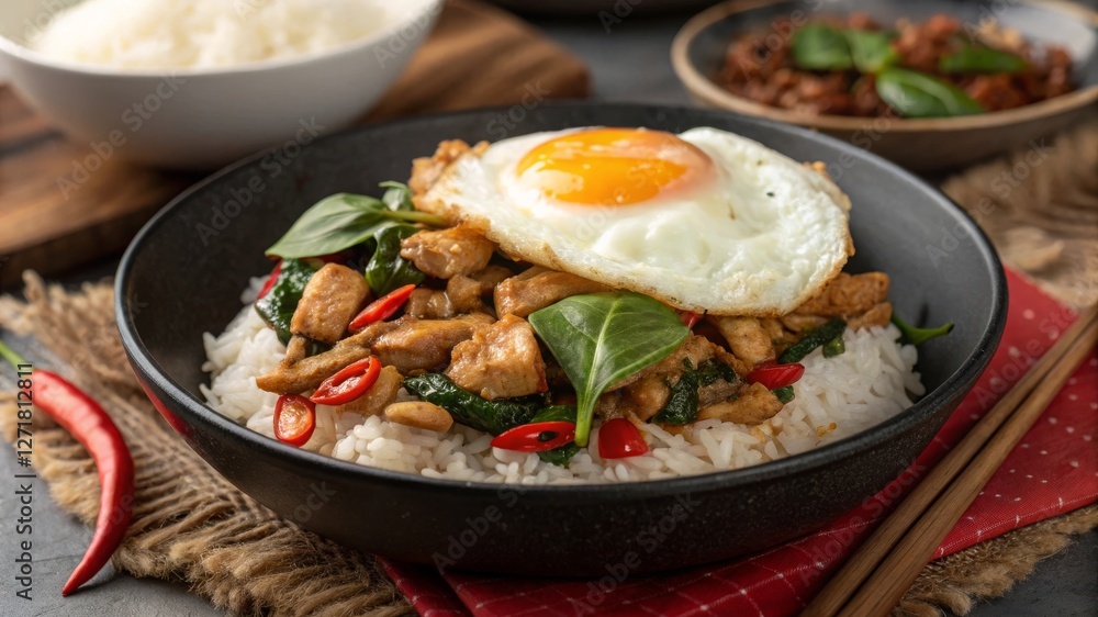 Savoring pad krapow gai a wok-fried basil chicken delight with fried egg over steamed rice in a cozy thai eatery Savoring pad krapow gai a wok-fried basil chicken delight with fried egg over steamed rice in a cozy thai eatery
