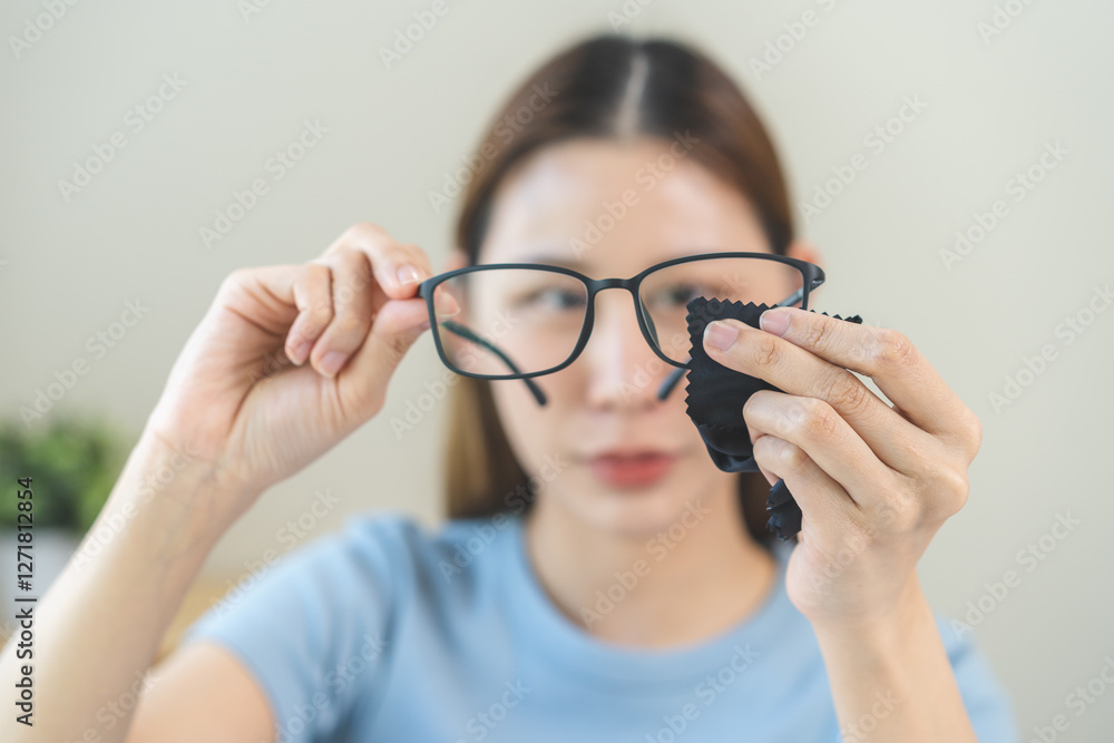 Cleaning glasses concept, close up hand of asian young woman hand holding frame of glass, use cloth wipe the lens, rub to clean eyewear for sanitary with wipe remove dust and disinfect at spectacle. Cleaning glasses concept, close up hand of asian young woman hand holding frame of glass, use cloth wipe the lens, rub to clean eyewear for sanitary with wipe remove dust and disinfect at spectacle.