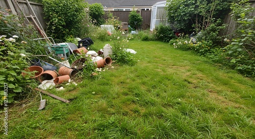 Overgrown Garden with Discarded Pottery and Garden Tools