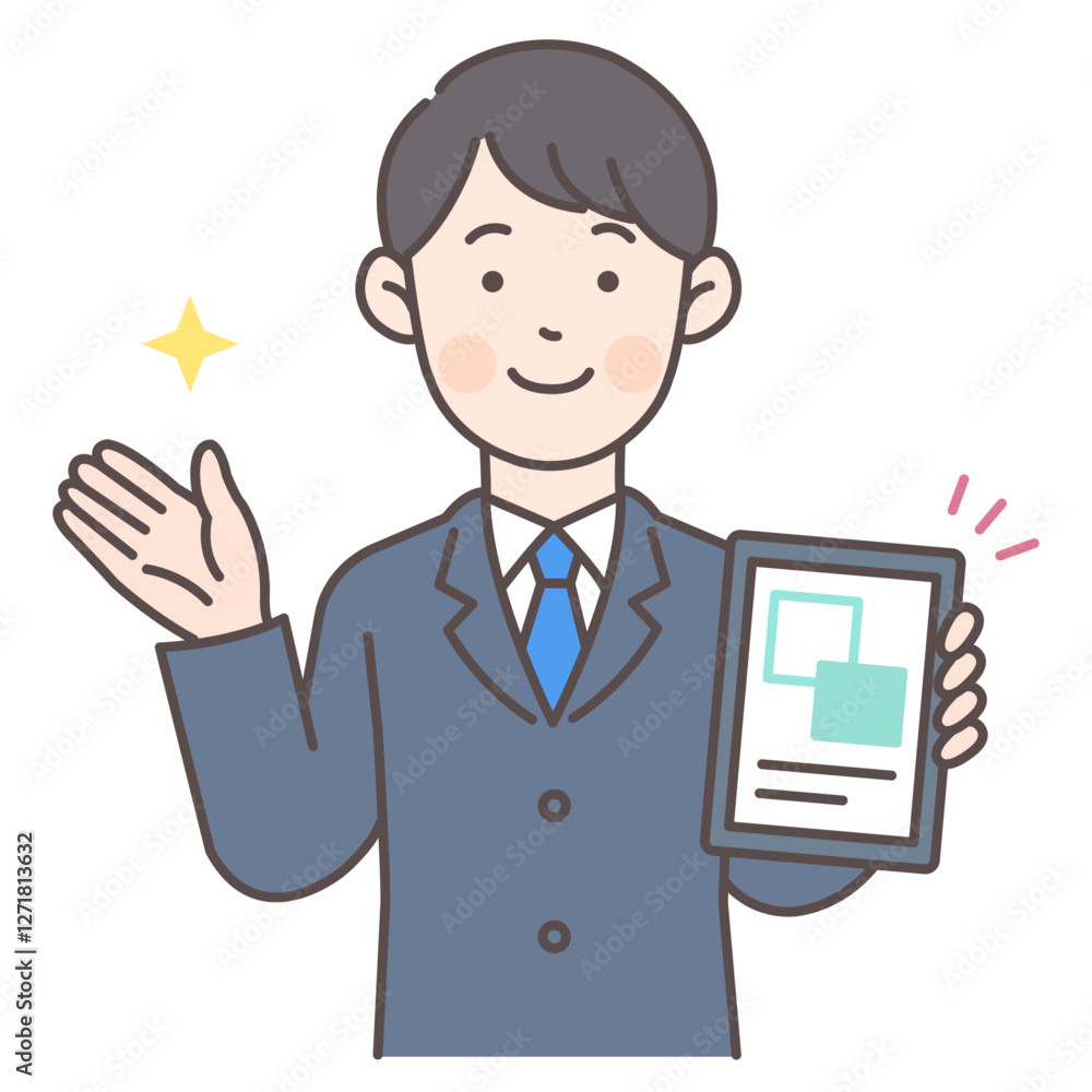 人物_線画03_タブレットで案内する会社員男性_ol