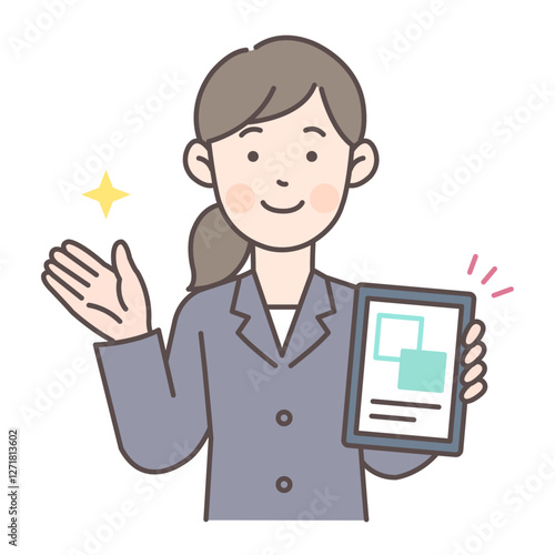 人物_線画03_タブレットで案内する会社員女性_ol