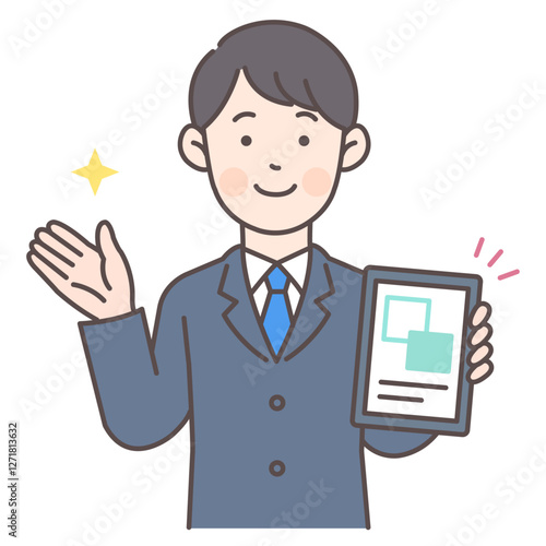 人物_線画03_タブレットで案内する会社員男性_ol