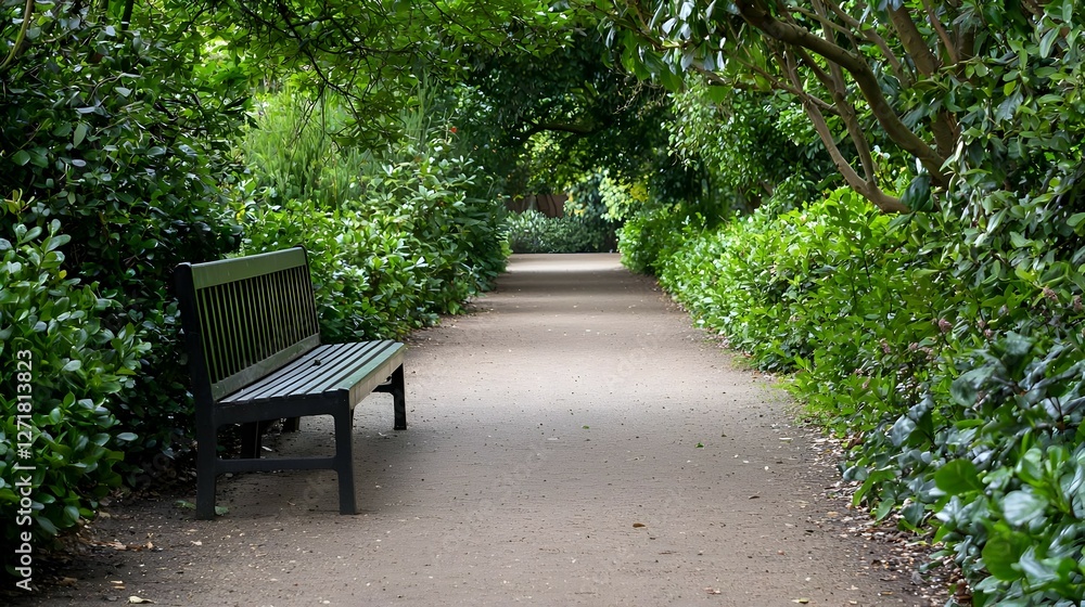 Black Bench on a Gravel Path in a Lush Green Garden Black Bench on a Gravel Path in a Lush Green Garden