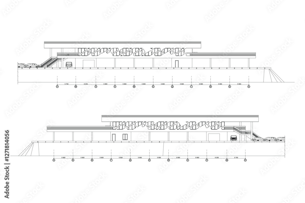 Architectural facade drawings of a car wash with a cafe Architectural facade drawings of a car wash with a cafe