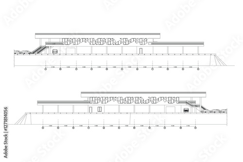 Architectural facade drawings of a car wash with a cafe