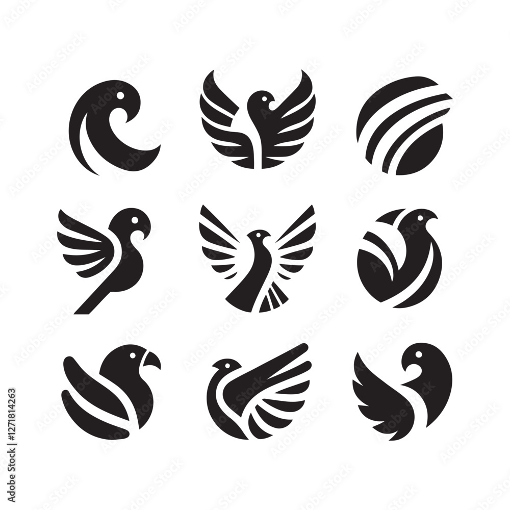 abstract bird logos, Minimalist bird icons, black silhouettes abstract bird logos, Minimalist bird icons, black silhouettes