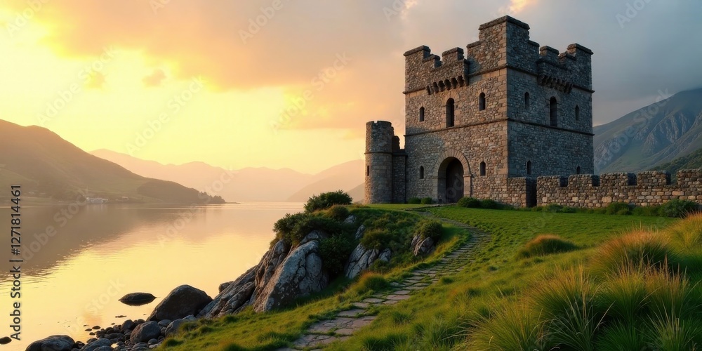 Ancient Stone Tower at Sunset Over Calm Water, Majestically Situated on a Verdant Cliffside Path Ancient Stone Tower at Sunset Over Calm Water, Majestically Situated on a Verdant Cliffside Path