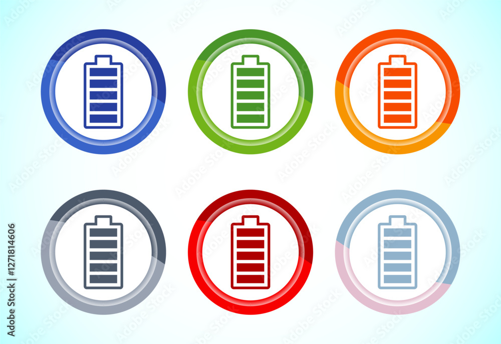 Battery icon design illustration, Battery charging sign and symbol, 6 color button design set Battery icon design illustration, Battery charging sign and symbol, 6 color button design set