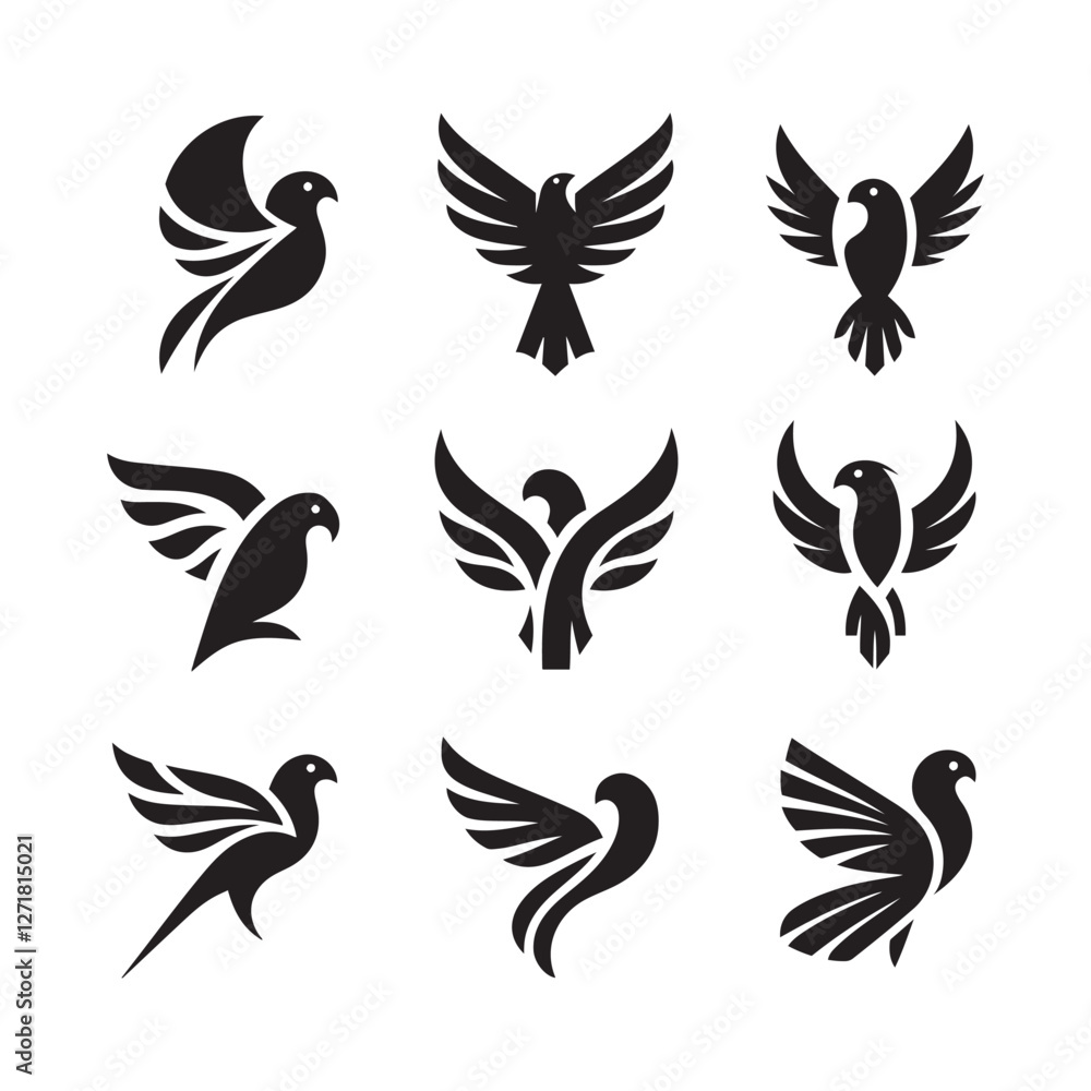Obraz premium abstract bird logos, Minimalist bird icons, black silhouettes 