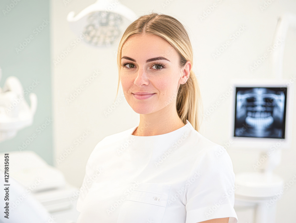 Dental professional smiling in modern clinic healthcare setting portrait Dental professional smiling in modern clinic healthcare setting portrait