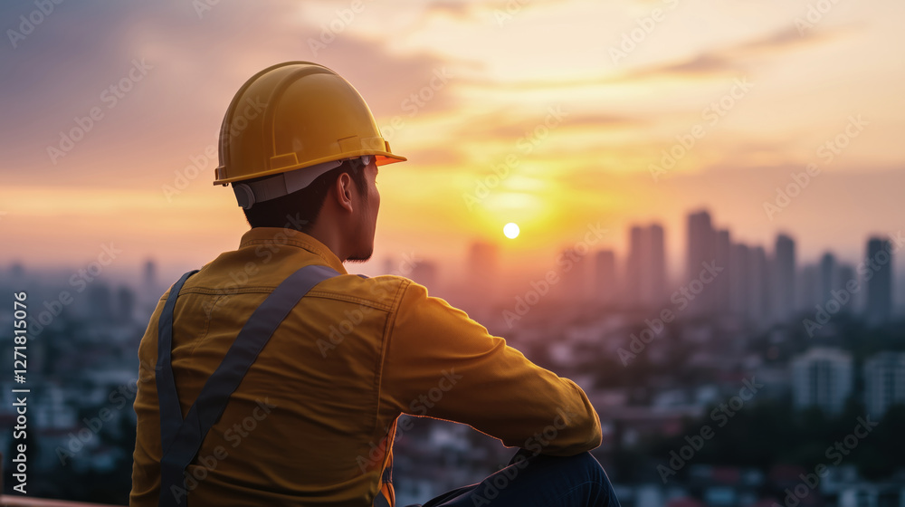 Worker in Hard Hat Observing City Sunset from Rooftop Edge Worker in Hard Hat Observing City Sunset from Rooftop Edge