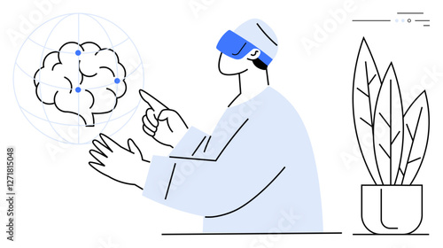 Scientist wearing VR headset interacting with a digital human brain hologram, next to a potted plant. Ideal for technology, neuroscience, education, virtual reality, future tech, research