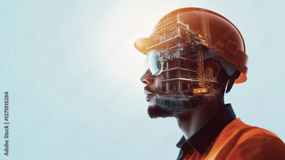 Double Exposure of Construction Worker with Overlay of Building Design Elements Double Exposure of Construction Worker with Overlay of Building Design Elements