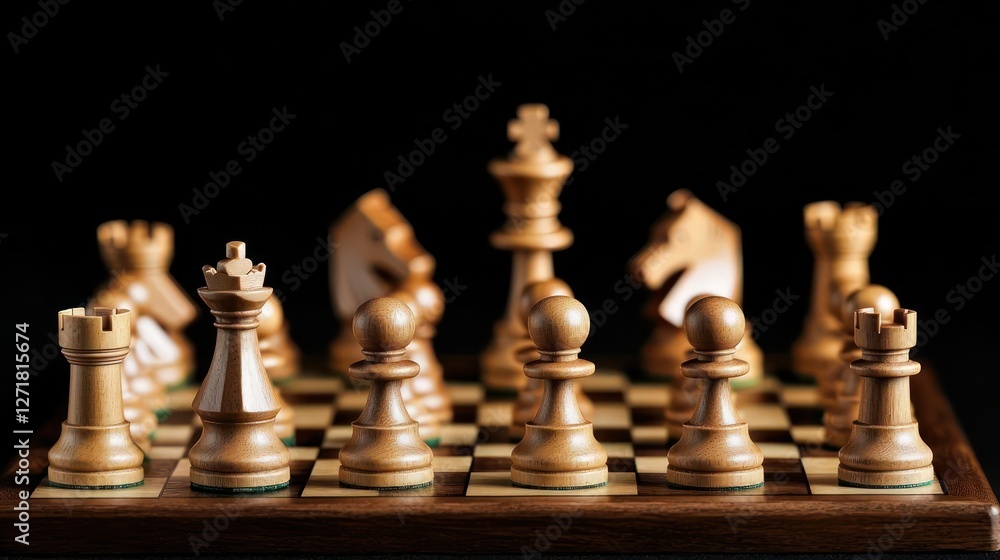 Wooden Chess Pieces on Dark Board Wooden Chess Pieces on Dark Board