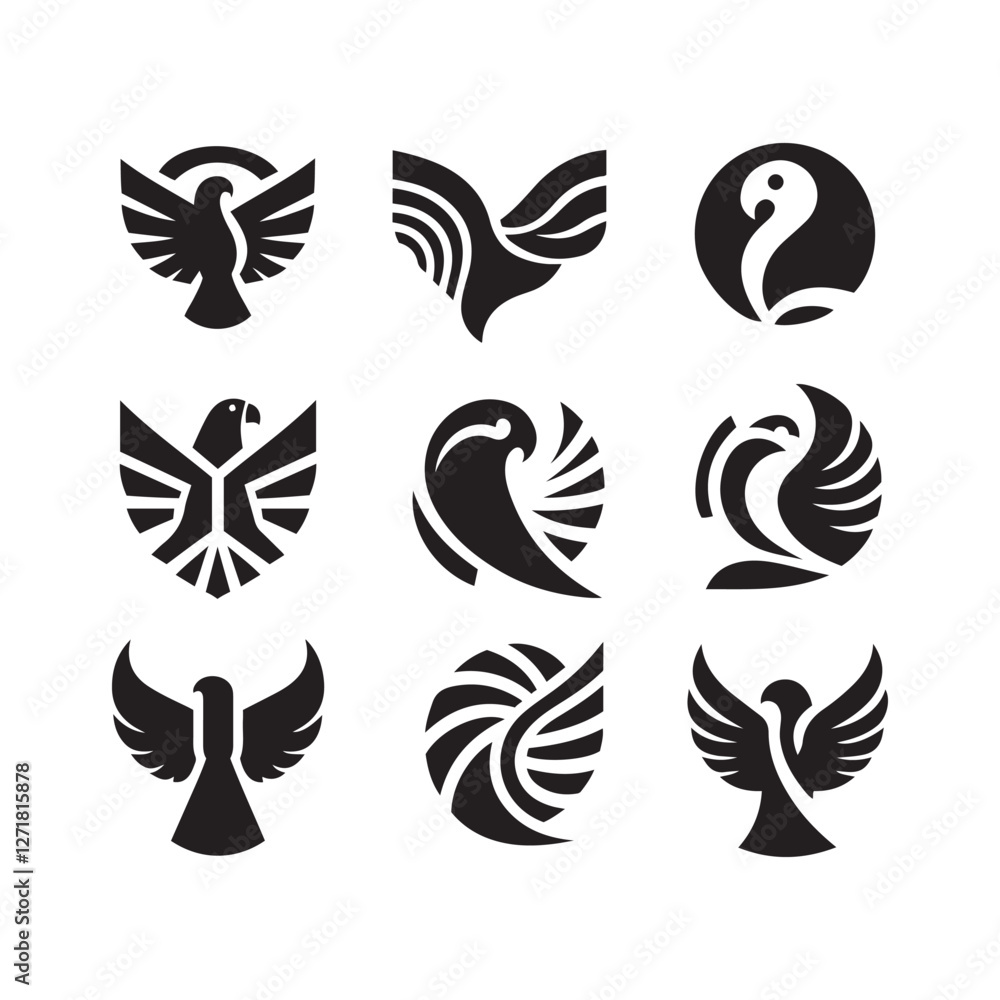 Fototapeta premium abstract bird logos, Minimalist bird icons, black silhouettes 