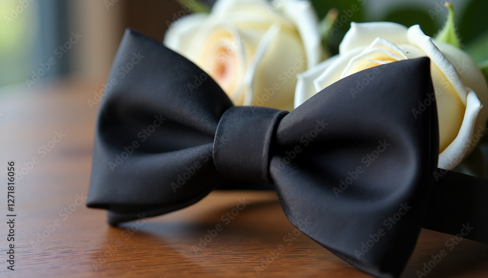 Close-up of classic black tuxedo bow tie on wooden surface with blurred white roses