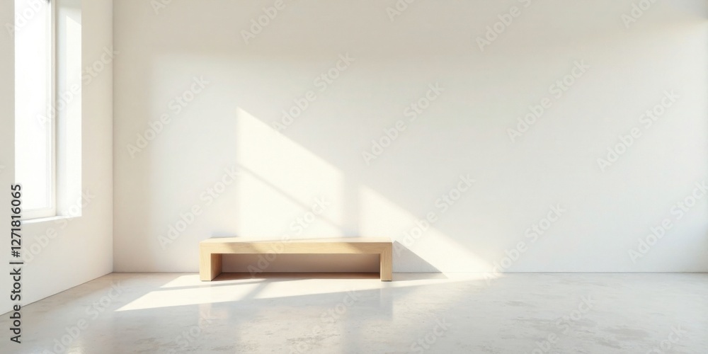 Minimalist Room Interior Design Light Wood Bench Against White Wall with Sunlit Floor Minimalist Room Interior Design Light Wood Bench Against White Wall with Sunlit Floor