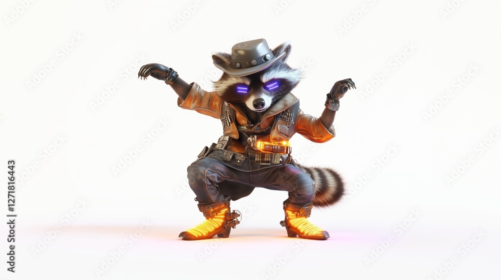 Energetic 3D Animated Raccoon in Futuristic Outfit Striking a Dynamic Dance Pose Energetic 3D Animated Raccoon in Futuristic Outfit Striking a Dynamic Dance Pose