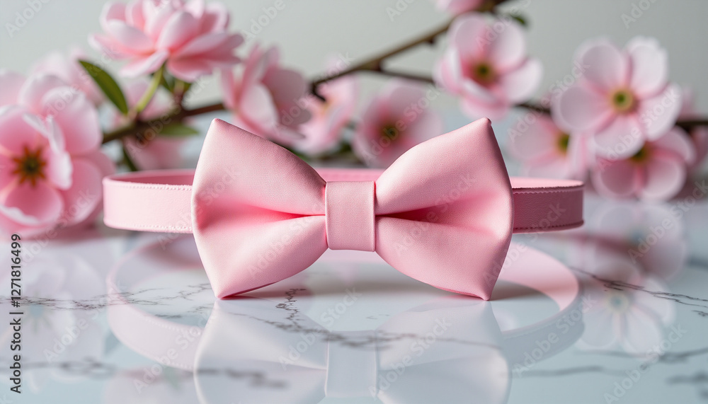 Minimalist pink tuxedo bow tie on marble surface with delicate spring flowers for Spring Wedding Expo
