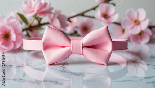 Obraz na płótnie Minimalist pink tuxedo bow tie on marble surface with delicate spring flowers for Spring Wedding Expo w salonie
