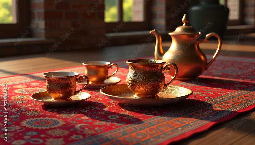 Elegant Persian rug with traditional tea set and gold-rimmed cups for Nowruz