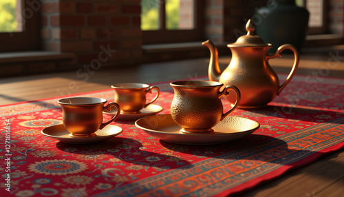 Obraz na płótnie Elegant Persian rug with traditional tea set and gold-rimmed cups for Nowruz w salonie