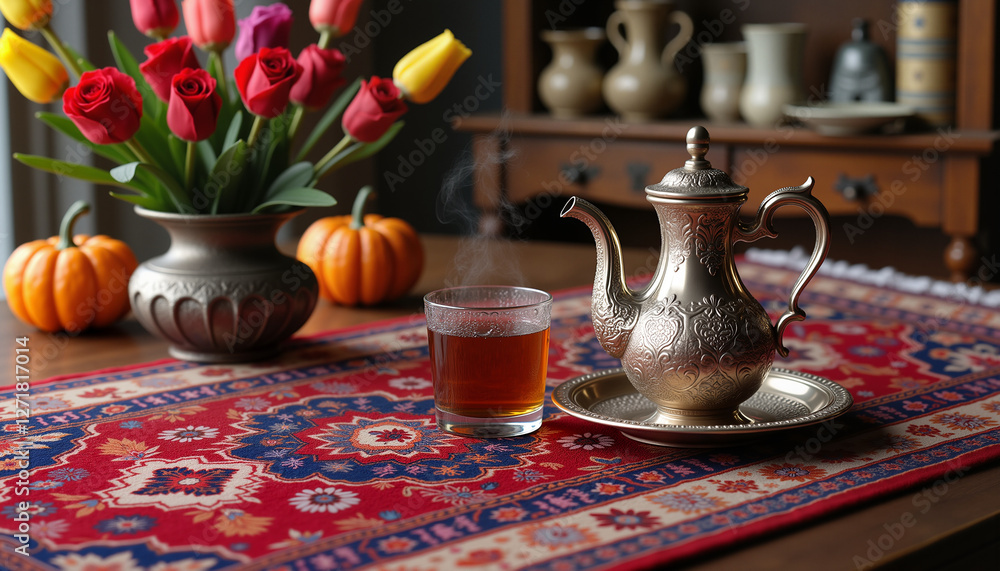 Fototapeta premium Classic Persian rug with antique brass teapot and delicate glass cup in traditional setting for Nowruz