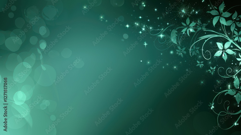 Serene green background with floral patterns and sparkling elements, ideal for digital design Serene green background with floral patterns and sparkling elements, ideal for digital design