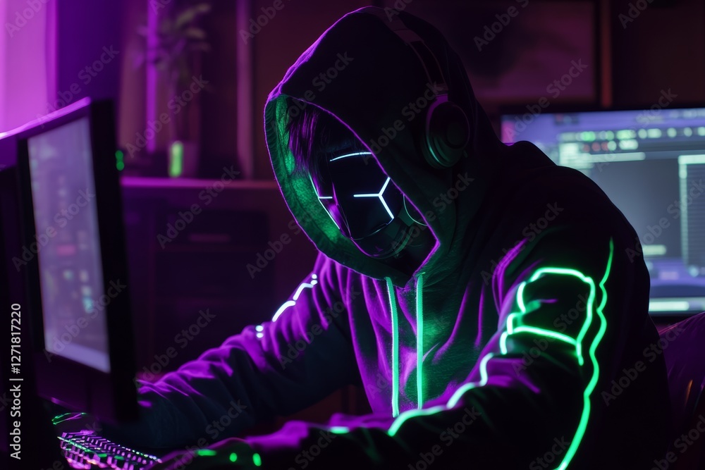 Hacker in neon hoodie working at computer in dark room Hacker in neon hoodie working at computer in dark room