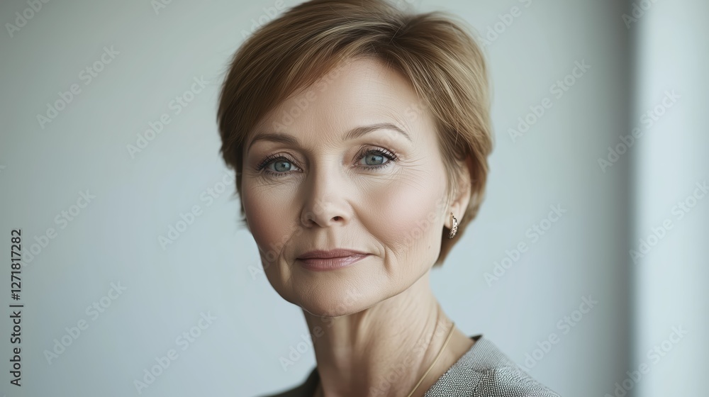 Portrait of a Confident Mature Woman with Chic Short Haircut in Natural Light Portrait of a Confident Mature Woman with Chic Short Haircut in Natural Light